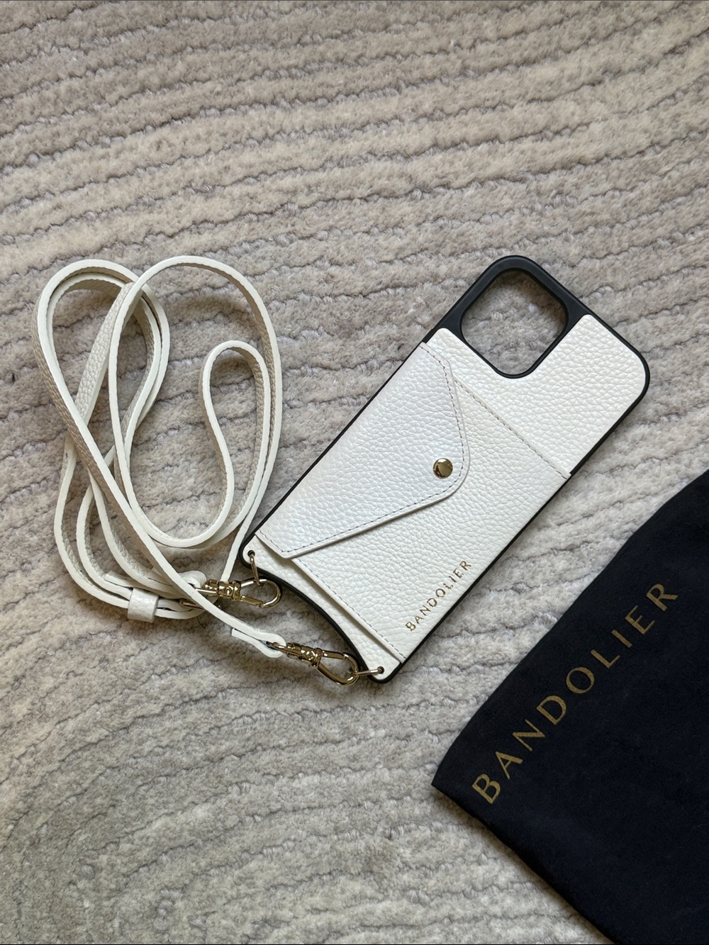 Bandolier iPhone 13 Pro Max White Leather Crossbody Phone Case Gold Hardware